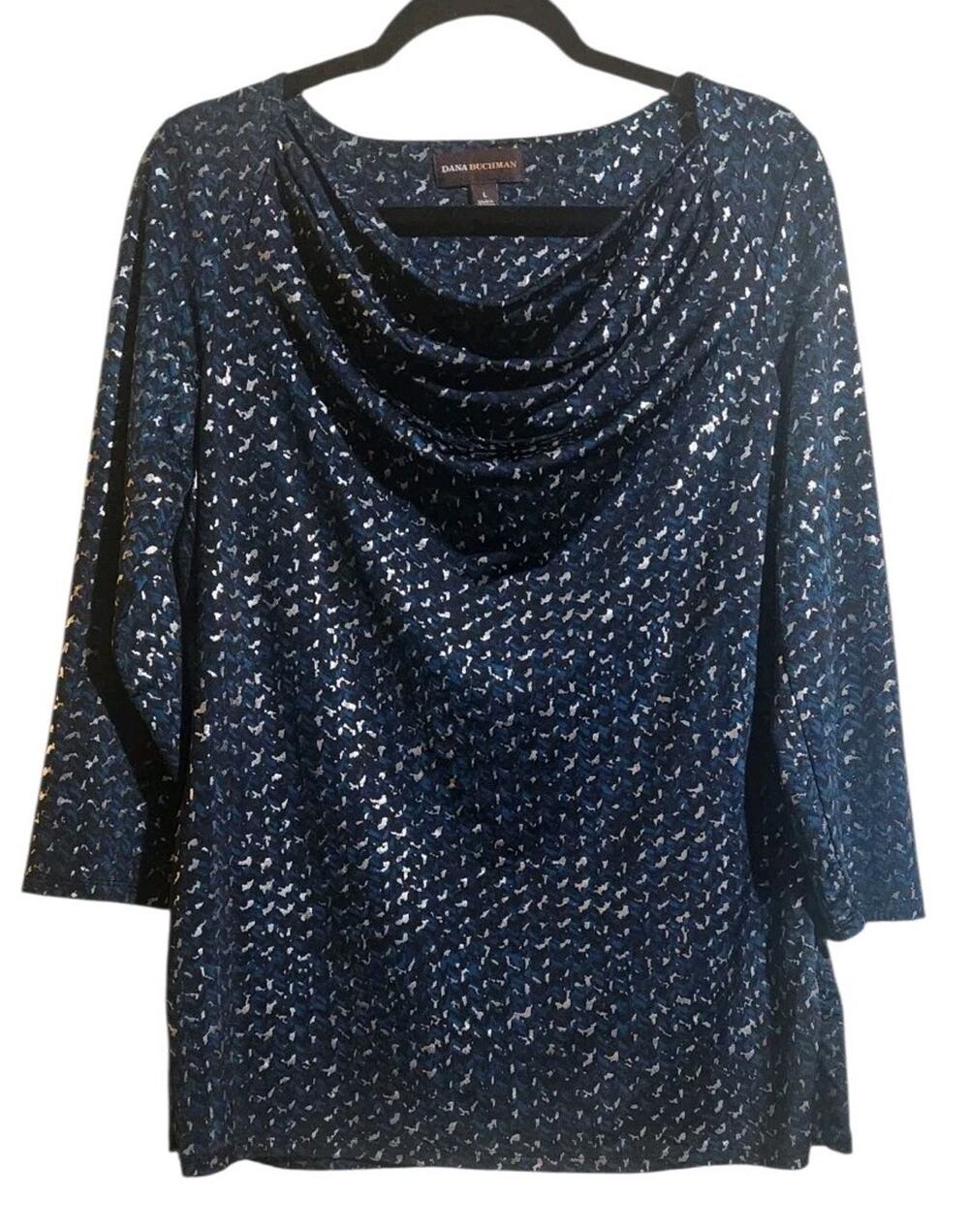 Dana Buchman Blouse Top Women's L Silver Black Blue Filigree Holiday Liquid Knit